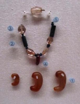 1・4:勾玉(まがたま)、2:管玉(くだたま)、3:切子玉(きりこだま)、5:ガラス小玉
