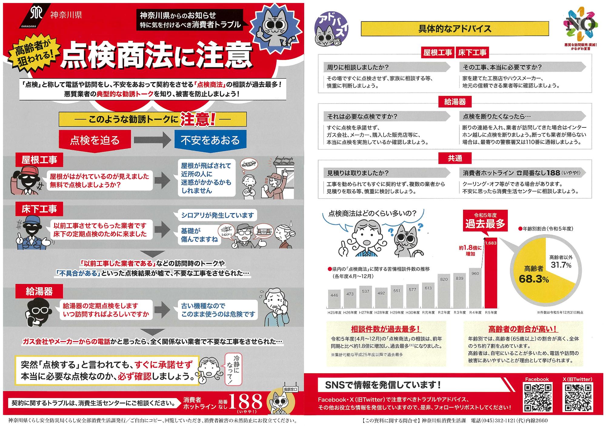 神奈川県からのお知らせ高齢者が狙われる点検商法に注意のチラシ表面と裏面